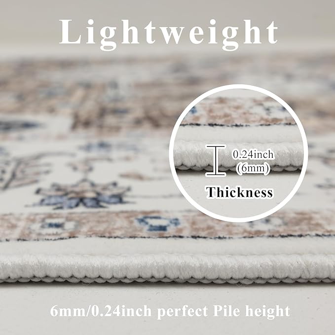Washable 6x9 Area Rug for Living Room, Carpet for Bedroom Dining Room, Non Slip&Non-Shedding Resistant Low Pile Vintage Print Rug for Home Office (Taupe/Blue)