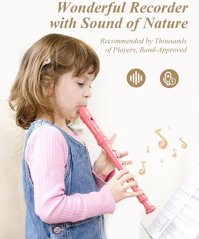 Eastar Soprano Recorder Instrument for Kids Beginners, German Fingering C Key with Cleaning Kit, Thumb Rest, Cotton Bag, Fingering Chart, ERS-21GP, Pink, School-Approved
