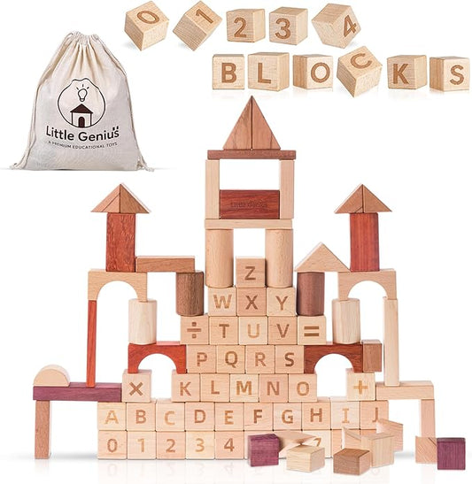 Hexagon Montessori Wooden Building Blocks – 86 Pieces FSC-Certified Beech | Alphabet & Number Blocks with Board Game, Storage Bag & 15-Challenge Guide | Stacking Toy for Kids Ages 3+