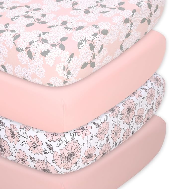 The Peanutshell 4-Pack Fitted Organic Crib Sheet Set - Soft & Breathable Baby Girl or Boy Crib Sheets, 100% Jersey Cotton Nursery Decor, Fit for Standard Mattress Cover- Cottage Floral
