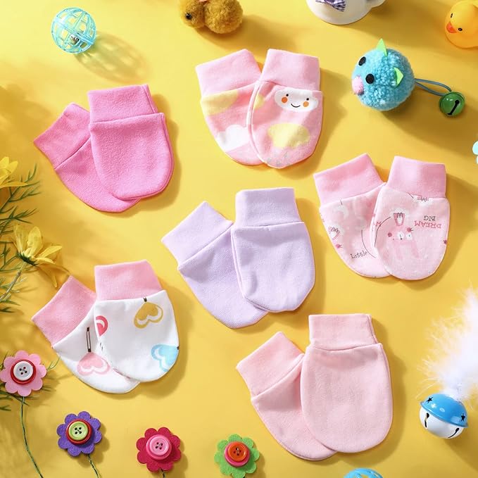 6 Pairs Newborn Baby Mittens No Scratch Gloves Infant Toddler Anti Scratch Essentials Unisex Cotton for 3-9 Months Girls Boys(Pink Series, Cute)