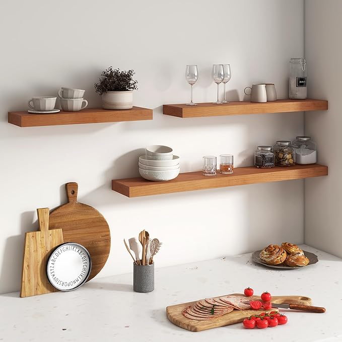 Floating Shelves for Wall, USA-Sourced Cherry Wood 55 Inch Long Wall Shelves, Natural Wooden Wall Mounted Picture Ledge Shelf, Nursery Book Storage Shelf Kids Bookshelf, Display Shelf for Bathroom