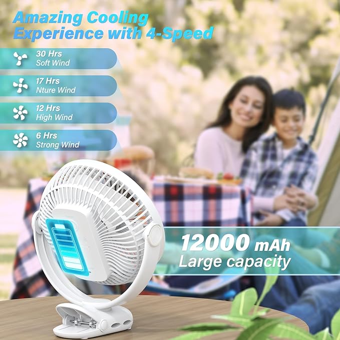 12000mAh Clip on Fan 30H Longest Runtime, 8in Portable Fan Rechargeable, Ultra Quiet with Heavy-Duty Clamp, USB Desk Fans for Golf Cart,Office Desk, Treadmill, Camping, Bedroom