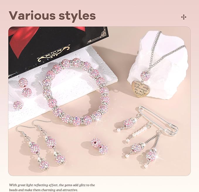 105pcs 10mm Rhinestone Beads for Jewelry Making, Pink AB Shiny Round Disco Ball Beads Bulk, Sparkle Crystal Clay Christmas for Bracelet Baseball Necklace Earring Crafting and DIY