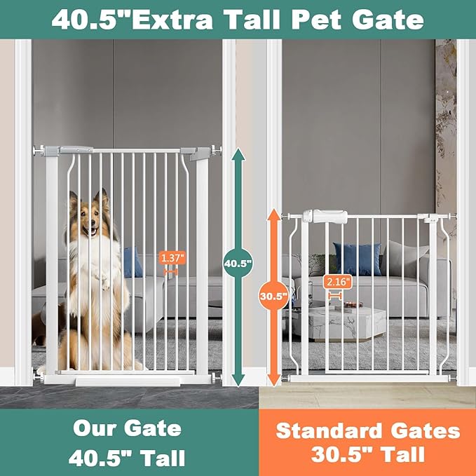 40.5" Extra Tall Baby Gate for Stairs No Drill, 32.6"-40.5" Extra Wide Dog Gate Indoor, Pressure Mounted Metal Safety Child Gate, Cat Puppy Pet Gate for House Doorways Walk Thru, White