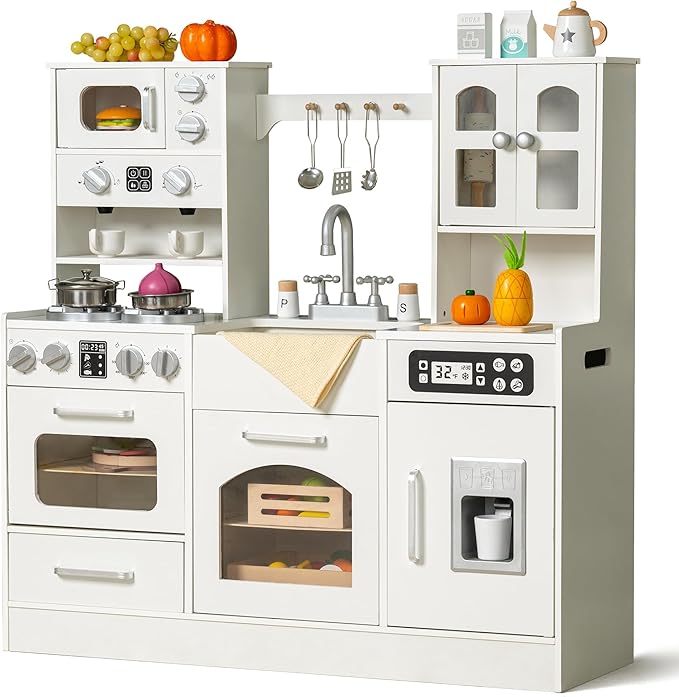Wooden Play Kitchen for Toddlers and Kids with Lights & Sounds, Large Interactive Pretend Play Set with Ice Maker, Stove, Sink, Oven, 12 Accessories - Ages 3-8