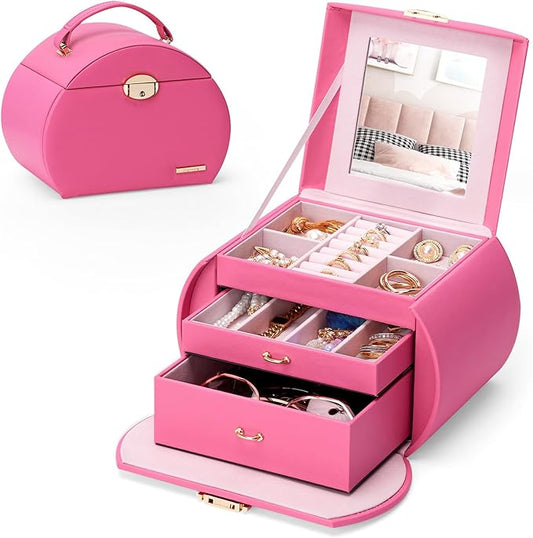 Homde Girls Jewelry Box Jewelry Storage Case Organizer with Mirror for Rings, Earrings, Bracelets, Necklaces (Pink + Gold)
