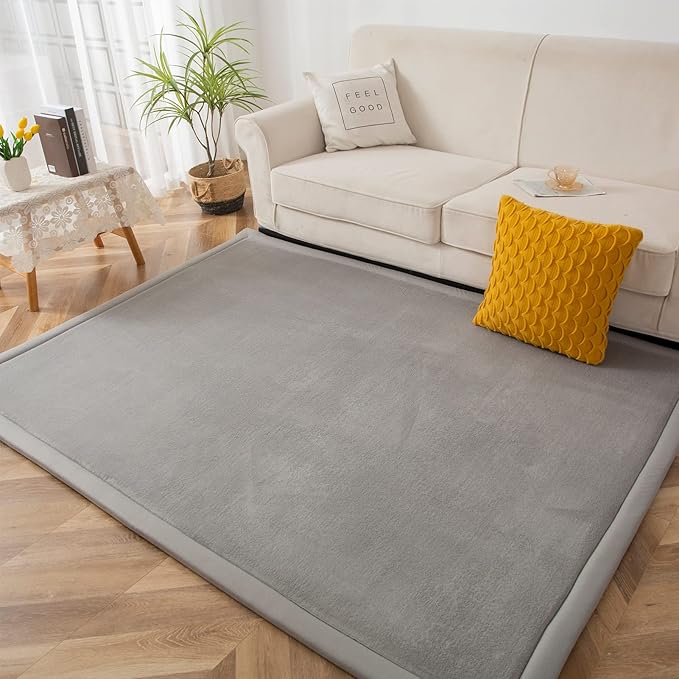 MAXYOYO Grey Coral Velvet Area Rug, Thick Japanese Tatami Mat Living Room Carpet with Non-Slip Backing, Large Solid Color Mat for Bedroom Dormitory Yoga, 78 by 78 inch