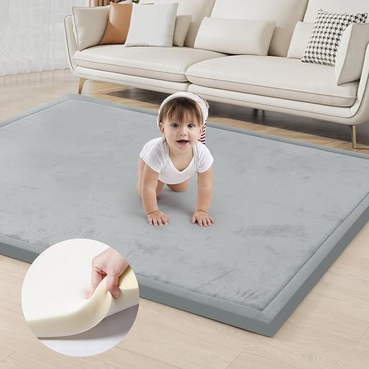 ACOMOPACK Baby Play Mat for Floor 1.3" Thick Memory Foam Play Mat 39"×59" Tummy Time Crawling with Non-Slip Bottom for Living Room,Nursery,Soft Velvet Playpen Mats for Kids,Infants（Light Grey）