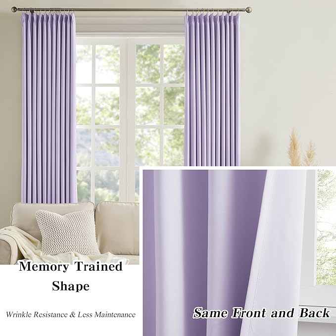 KEQIAOSUOCAI Custom Pleated Curtains Lilac Color, Heat Blocking Window Treatment for Bedroom Vertical Draft Blackout Blinds for Living Room 40 Wide by 90 Inch Long, 2 Panels, Lavender, Pinch Pleat