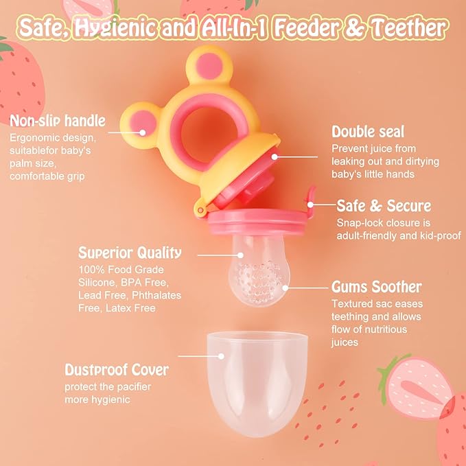 Baby Solids/Frozen Fruit Feeder Pacifier, Infant Teether Toy 4M+, BPA-Free Silicone Pouch & Nipple, Safely Introduce Solids, Teething Relief, 2-Pack (Mickey - Blue Yellow, S/M/L)