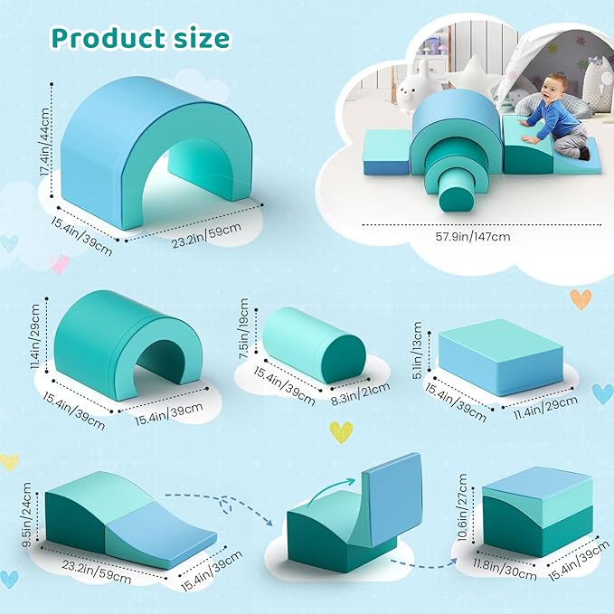 Lischwert Foam Climbing Blocks, Soft Climbing Toys for Toddlers, 5 Pieces Crawl and Climb Foam Playset with Foldable Block and Tunnel, Indoor Climber Activity Play Set for Kids Age 1+