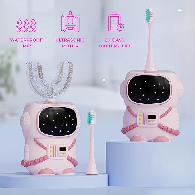 Sensory 360 Round U-Shaped Astronaut Design Mouthguard Electric Toothbrush for Kids Ages 2-7 - Automatic Memory Function - 5 Modes Toothbrush with Multiple Heads – Kids Travel Essentials (Pink)