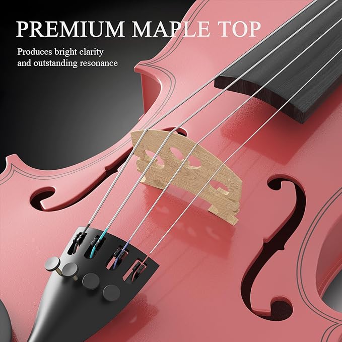 3/4 Violin Kit, Beginner Violin for Kids, Students, Complete Kids Violins Set with Case, Bow, Rosin, Ideal for Kids Violinss Beginner Ages 9-12, Rose Pink