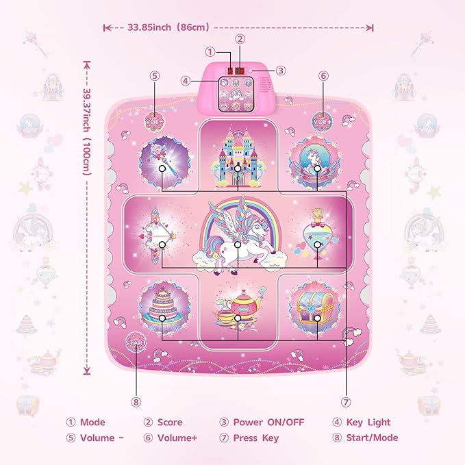 GirlsHome Dance Mat - Unicorn Toys for Girls Electronic Dance Pad with 5 Game Modes, Built-In Music, Touch Sensitive Light Up LED Kids Musical Mat, Christmas & Birthday Gift for Toddler Girls 3-12