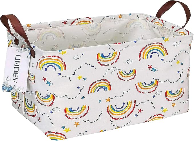 Rectangular Folding Laundry Basket, waterproof Canvas Basket,gift basket,Suitable for children's room,Office,Clothes,Toys Storage (rainbow)