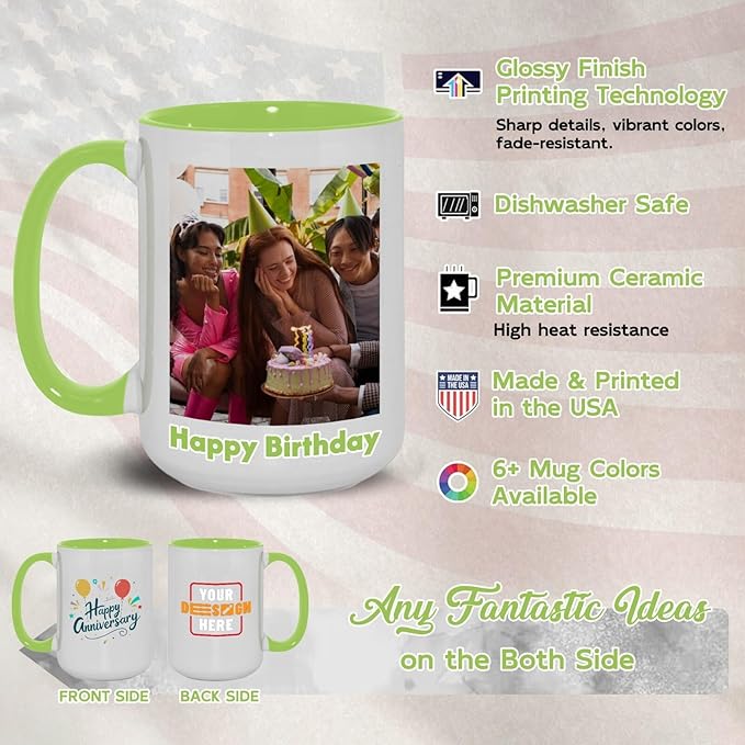 Ship Next Day Custom Mug Design Your Own Photo Text Personalized Picture Gifts for Women Men Customized Gifts Idea Personalized Coffee Mugs 11oz Light Green Handle