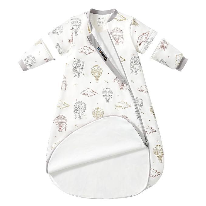 Baby Sleep Sack 12-18 Months, Cotton Detachable Long Sleeve Sleep Sack, 2.5 Tog Toddler Sleeping Sack with Temperature Strips, 2-Way Zipper Wearable Blankets for Newborns, Hot Air Balloon