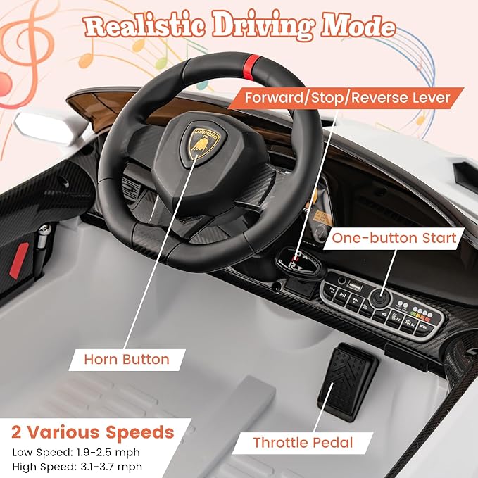Costzon Ride on Car, Lamborghini Licensed 12V Battery Powered 4WD Sports Car with Remote Control, 3 Speeds, Hydraulic Doors, LED Lights, Towing Wheel, Horn, Music, Electric Vehicle for Kids Aged 3-8