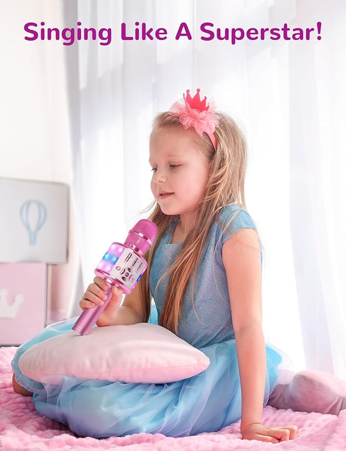 Amazmic Toys for Girls, Kids Karaoke Microphone Toddler Microphone for Kids with Lights, Birthday Gift for Girls, Boys Toy Age 3 4 5 6 7 8+(Light Pink)