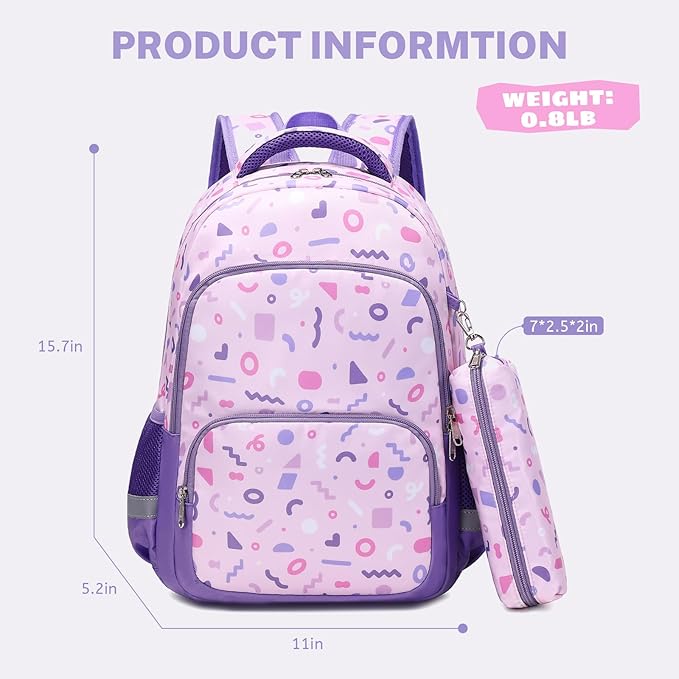 mygreen 3PCS Kids Backpack Set - Waterproof Bookbag with Lunch Box for Girls Ages 3-12, Adorable Cartoon Prints for School & Outdoor Use Purple