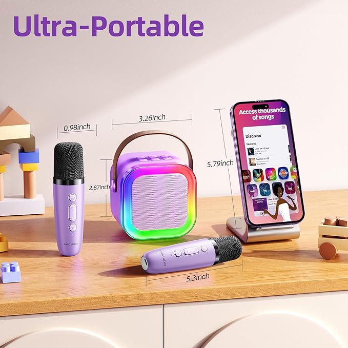 Kinglucky Mini Karaoke Machine for Kids, 2025 TOP Birthday Gifts Ideas for 3-12 Year Old Girls, Christmas Party Gifts Kids' Personal Video Players Accessories with 2 Wireless Microphones - Purple