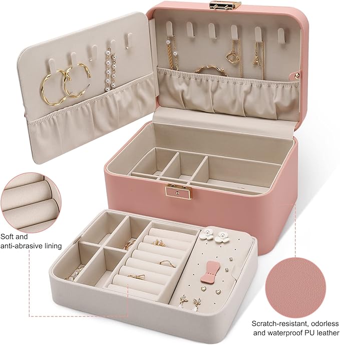 KAMIER Jewelry Boxes for Women, 2 Layers PU Leather Travel Jewelry Box, Large Capacity, Double Lock and Large Mirror, Hidden Necklace Hooks, Removable Dividers, Gift Box Packaging, Pink