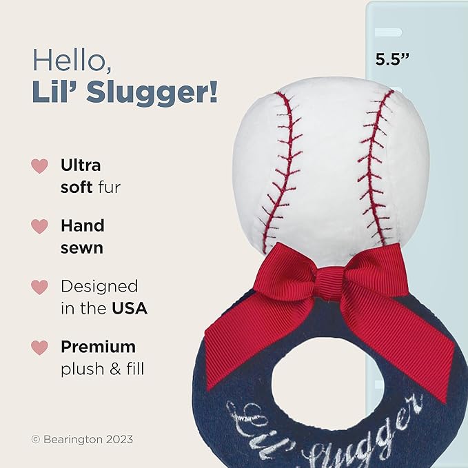 Bearington Baby Lil’ Slugger, 5.5 Inch Red, White and Blue Plush Stuffed Baby Baseball Soft Ring Rattle - Baseball Toys