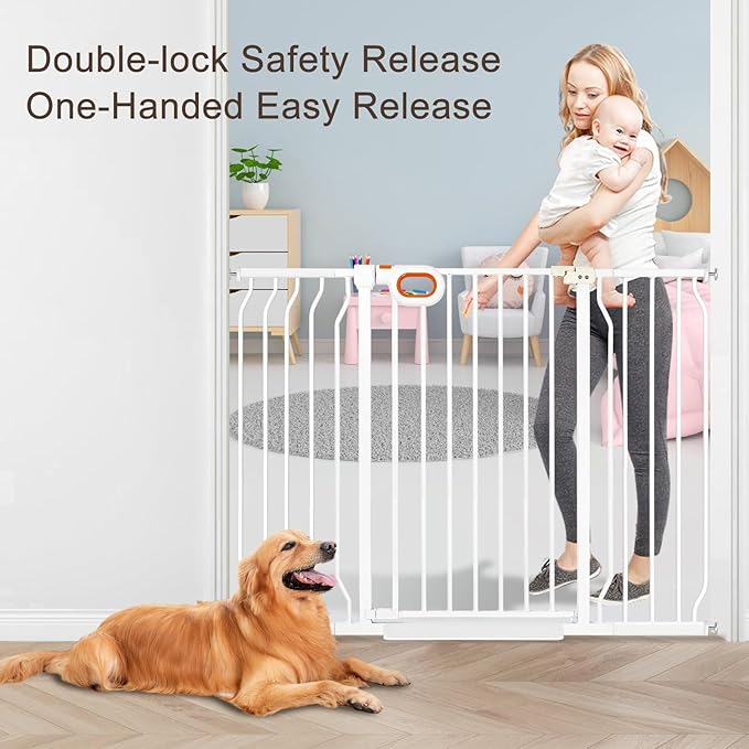 owlie 37.4" Extra Tall Wide Baby Gate for Stairs Doorways,29-52 Inch Extra Large Long Baby Gate with Door Indoor Safety Metal Pressure Mounted Pet Gate with Walk-Thru Auto Close, White