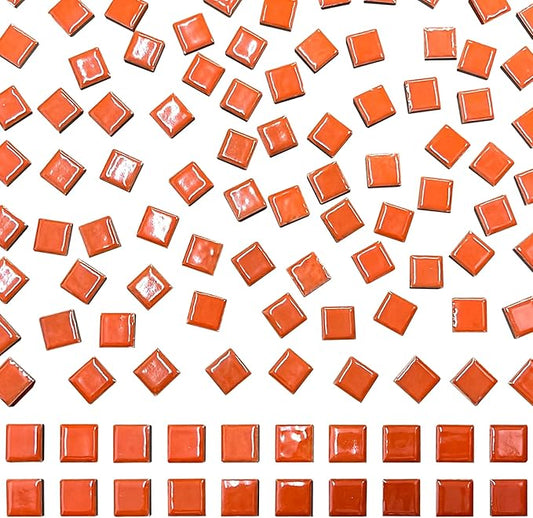 100 Pieces Ceramic Mosaic Tile 3/5" Square Shapes Mosaic Ceramic Pieces Stained Ceramic Tile Supplies for Crafts Beginner Mosaic Project Stepping Stones Mosaic Birdhouse Decor - Orange