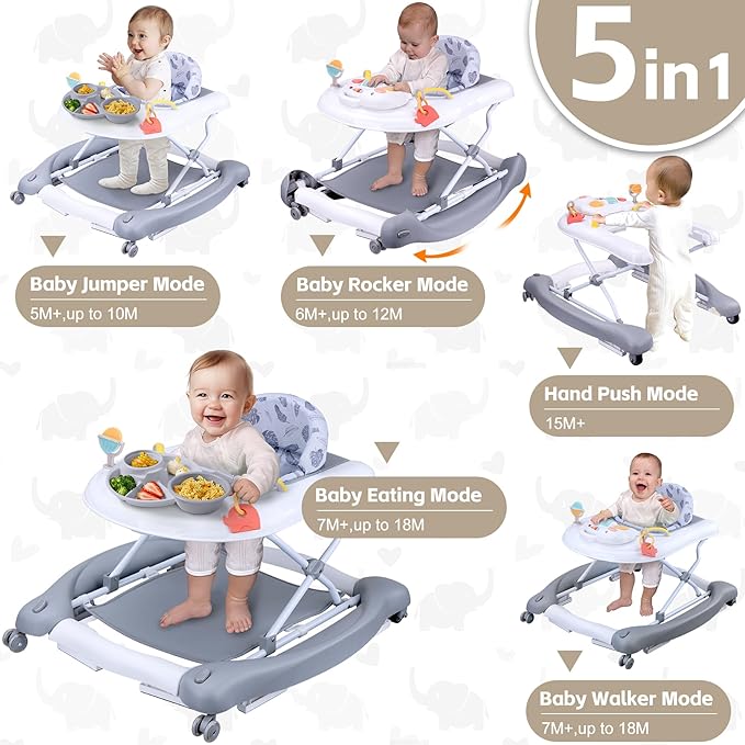 Foldable Baby 5-in-1 Activity Walker - Rocker, Activity Center, Bouncer, Seat, Push Walker - Adjustable Speed Rear Wheels and Height Toys Ages 6-18 Months (Grey)
