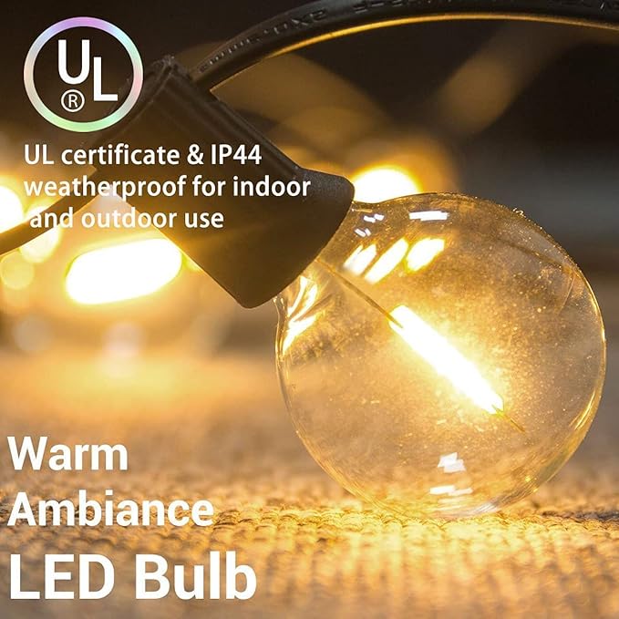 GOOTHY 50Ft G40 LED Outdoor String Lights, Waterproof with 52 Shatterproof Globe Bulbs, Hanging Backyard Lights for Party Cafe Balcony Porch Commercial Decorations - Black
