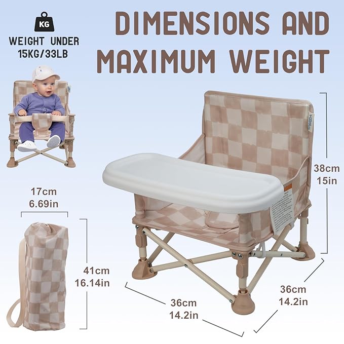 Tiny Marvels Portable 3-in-1 Baby Booster Seat, Cozy Floor Seat, Feeding Seat with Tray, Compact Foldable Toddler Booster with Child Safety Belt Carry Bag, Perfect for Travel (Sand Checker)