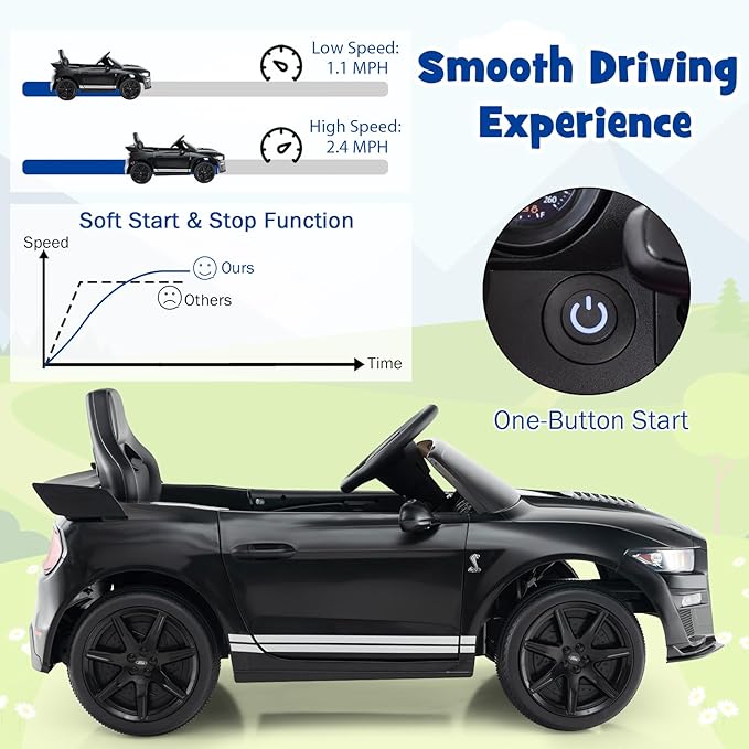 Costzon Ride on Car, 12V Licensed Ford Mustang Shelby GT500 Kids' Electric Vehicles w/Remote Control, USB Port, Radio, Music, Player, High Low Speed & Soft Start, Racing Kids Car for Toddler (Black)