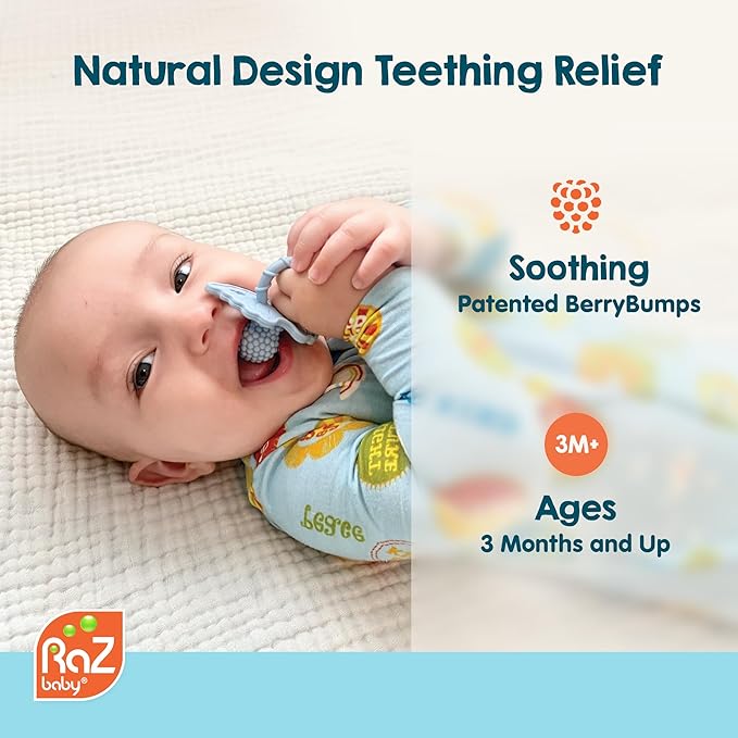 RaZbaby RaZberry Silicone Teether Pacifier – Teething Relief for Infants 3m+, Food-Grade, BPA-Free, Hands-Free, Natural Berrybumps Fruit Texture for Sensory Development, Freezable 2-Pack, Blue & Grey