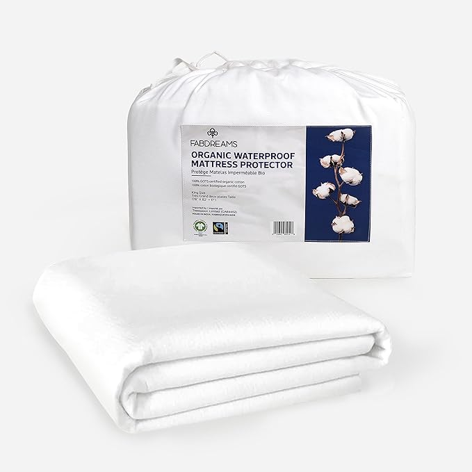FABDREAMS Organic Waterproof Mattress Protector - Queen Size, Temperature Regulating, Breathable, White, Fits up to 17" Deep Pocket