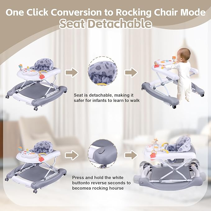 Foldable Baby 5-in-1 Activity Walker - Rocker, Activity Center, Bouncer, Seat, Push Walker - Adjustable Speed Rear Wheels and Height Toys Ages 6-18 Months (Grey)