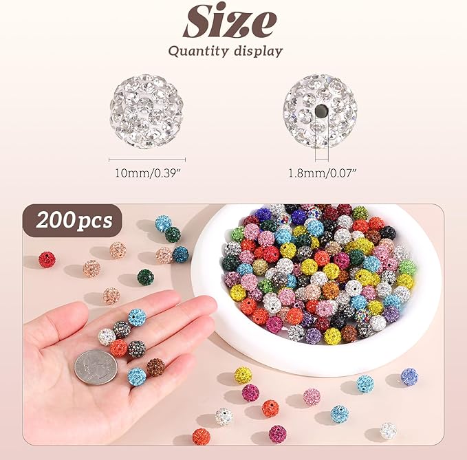 200pcs 10mm Rhinestone Beads for Jewelry Making, Gray Shiny Round Disco Ball Beads Bulk, Sparkle Crystal Clay Christmas for Bracelet Baseball Necklace Earring Crafting and DIY