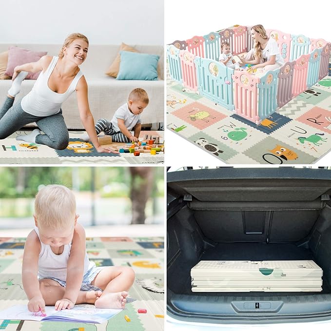 FLAGAV Baby Play Mat, 79x71inch Extra Large Folding Baby Crawling Mat, Waterproof Reversible Playmat Foam Non Toxic Anti-Slip Portable Kids Play Mat for Infant, Toddler