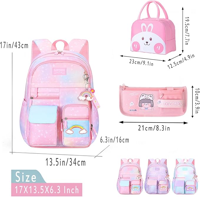 Kawaii Backpack, Pink Backpack for Girls, Kid Starry Rainbow Bookbag, Cute Backpack for Kids, Aesthetic Backpack, Pink(3 PCS Set)