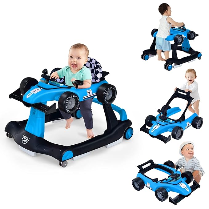 BABY JOY 4-in-1 Baby Walker, Foldable Activity Walker with Adjustable Height & Speed, Music, Lights, Anti-Rollover, Toddler Push Walker, Baby Walker with Wheels for Boys Girls 6-18 Months (Blue)