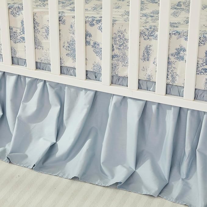 Brandream 3 Pieces French Country Toile Crib Bedding Set for Girls Vintage Blue Toile Floral Print 100% Cotton Baby Girl Nursery Bedding Collection - Ruffles Quilt,Toile Crib Sheet,Crib Bed Skirt