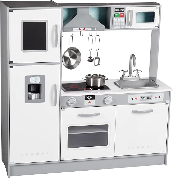 Amazon Basics Kids Kitchen Set, Play Kitchen Toy Playset for Toddlers, Preschoolers, 39"L x 11.8"W x 39"H, White & Gray