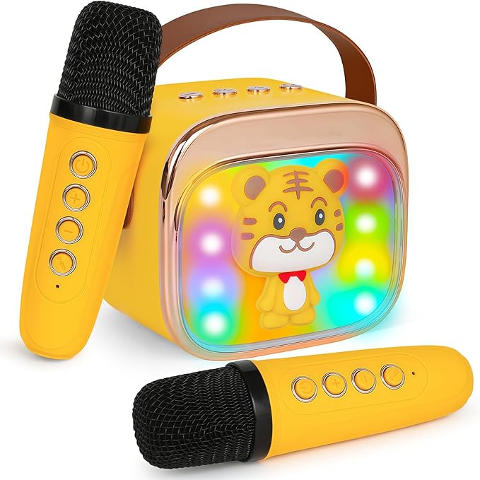 Karaoke Machine for Kids, Portable Mini Karaoke Machine with 2 Wireless Microphones, 4 5 6 7 8 9 10 Years Old Girl Boy Easter Christmas Birthday Gift Tiger Speaker Toys