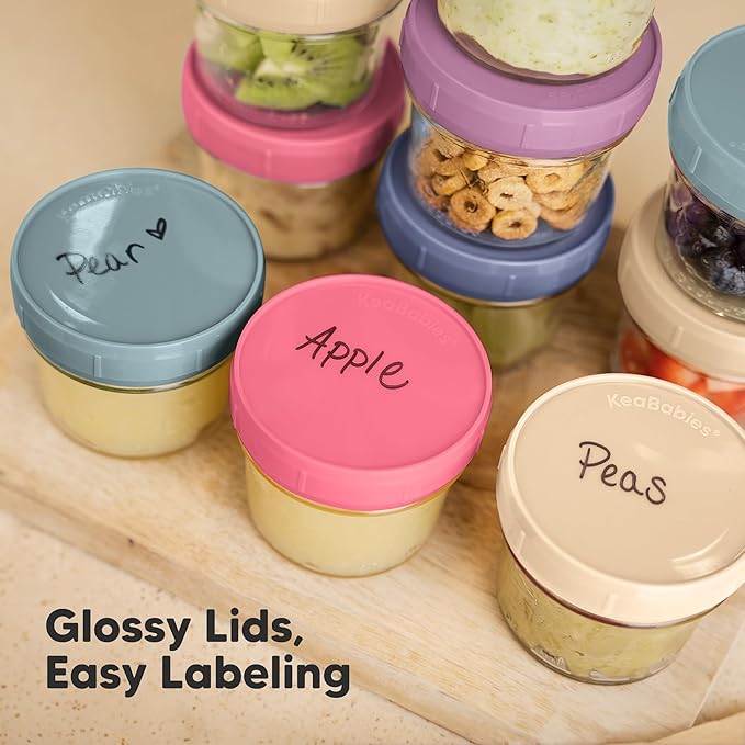 KeaBabies 6pk 4oz Glass Baby Food Containers with Lids - Leak-Proof, Microwavable Small Glass Jars, Baby Purees & Toddler Snack Storage Containers, BPA-Free, Dishwasher & Freezer Safe (Sunset)