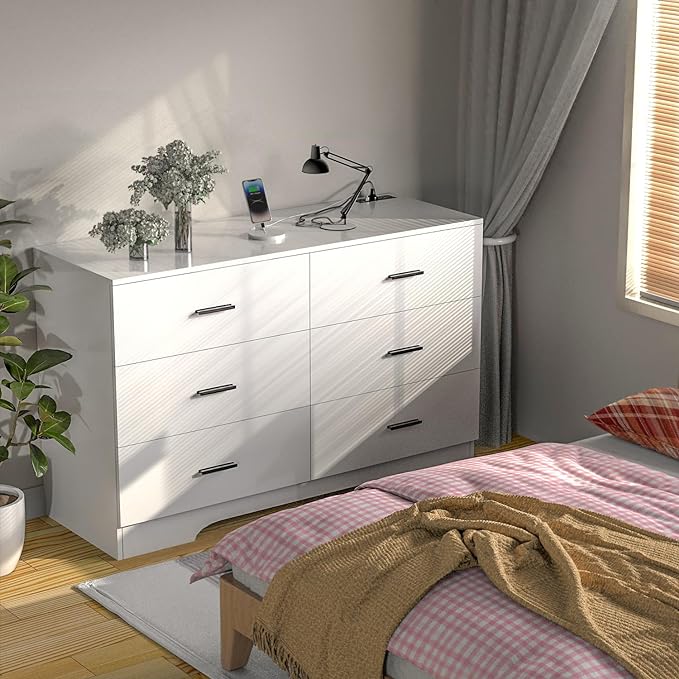 Dresser with Power Outlets Wooden 6 Drawer Dresser with USB and Type C Port Chest of Drawers for Bedroom Tall White Storage Organizer for Living Room Hallway Closet