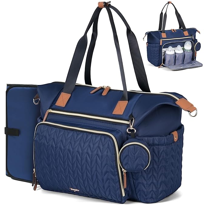 Diaper Bag Tote, Large Baby Diaper Bags Waterproof, Hospital Bag for Labor Delivery with Pacifier Case, Changing Pad, Shoulder Strap, Dark Blue