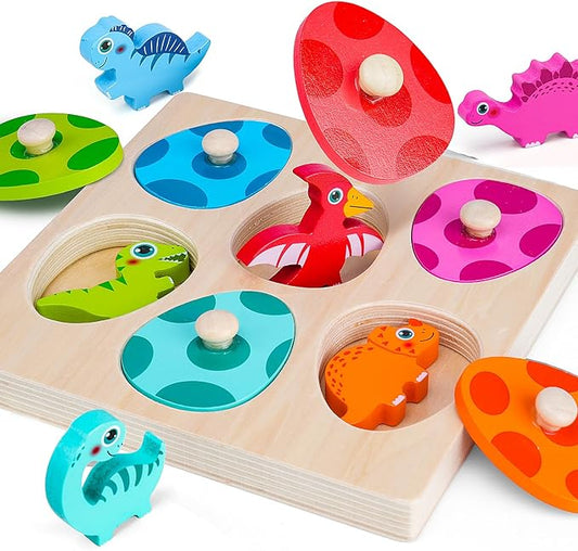 Dinosaur Wooden Toddler Puzzle 1-3, Montessori Toys for 1 2 3 Year Old, Dinosaur Eggs Peg Puzzles, Kid Wooden Puzzles Ages 2-4, Dinosaur Toy for Toddler Kid, Preschool Education Learning Toys