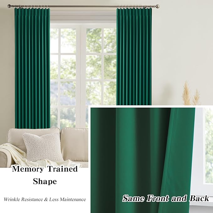 KEQIAOSUOCAI Emerald Hunter Green Curtains 102 Inches Long 2 Panels Set, Custom Viral Pleat Curtain with Hooks, Pinch Pleated Drapes for Living Room Bedroom,40 Wide x 102 Inch Lenth