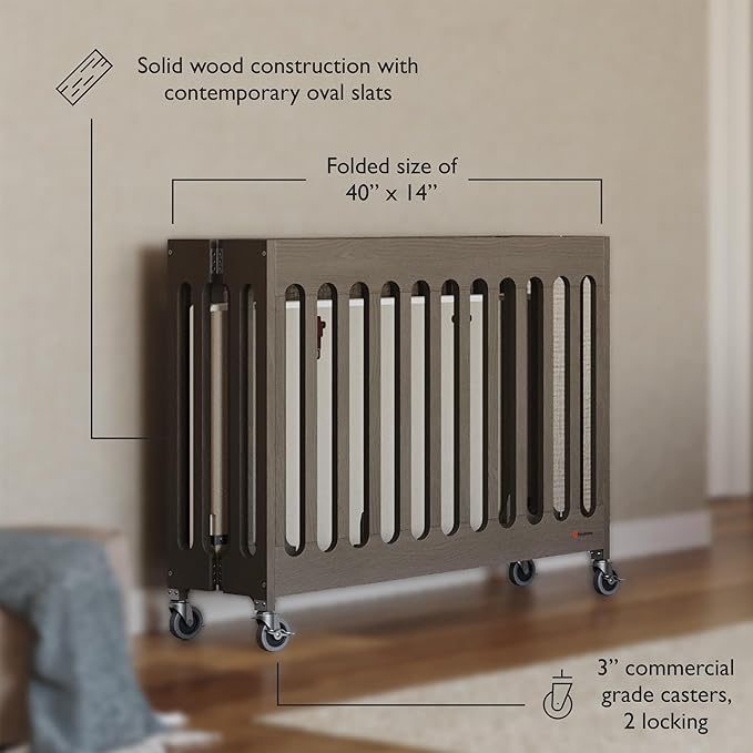 Foundations Boutique Folding Mini Baby Crib - Compact, Portable, Wooden Hotel Crib, Foldable Compact Cribs for Baby & Toddlers - Includes 3" Foam Mattress - Dapper Gray